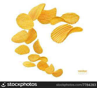 Splash of ripple potato chips, flying snacks for food package. Realistic isolated wavy and ripple ribbed vector potato chips in splash wave for appetizer pack advertising. Splash of ripple potato chips, flying snacks