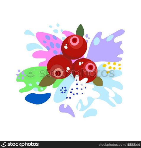 Splashes and falling, motion of a fluid, berries cranberries with a splash of juice and yogurt, drops and stains. Abstract vector illustrations