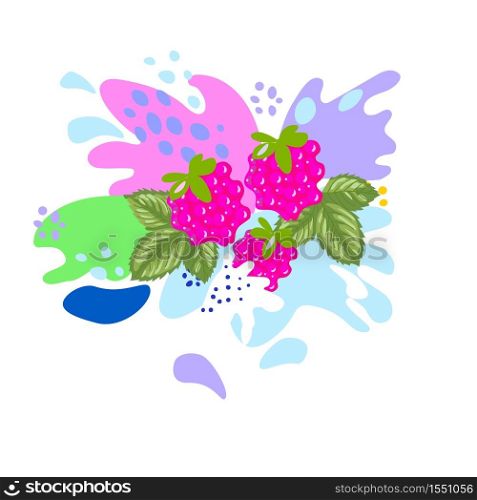 Splashes and falling, motion of a fluid, raspberries with a splash of juice and yogurt, drops and stains. Abstract vector illustrations