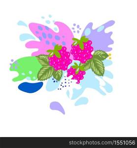 Splashes and falling, motion of a fluid, raspberries with a splash of juice and yogurt, drops and stains. Abstract vector illustrations