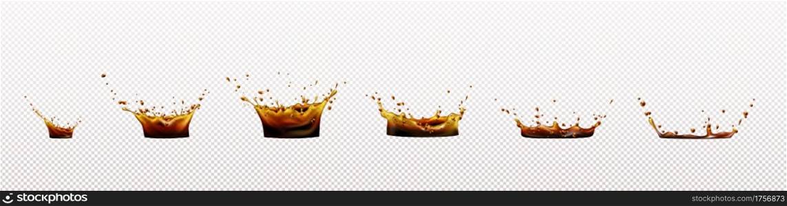 Splashes of coffee, cola or whiskey isolated on transparent background. Vector realistic set of liquid waves of rum, beer or black tea with drops and bubbles. Vector realistic splash of coffee, cola or whiskey