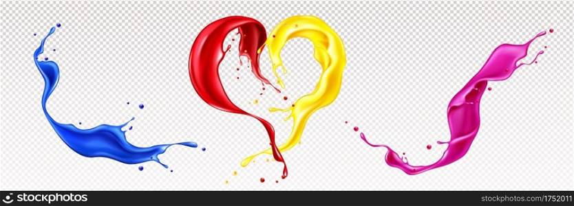 Splashes of liquid paints with swirls in heart shape isolated on transparent background. Vector realistic set of waves of colorful ink. Flows of red, blue, pink and yellow oil or acrylic dyes. Splashes of liquid paints in heart shape