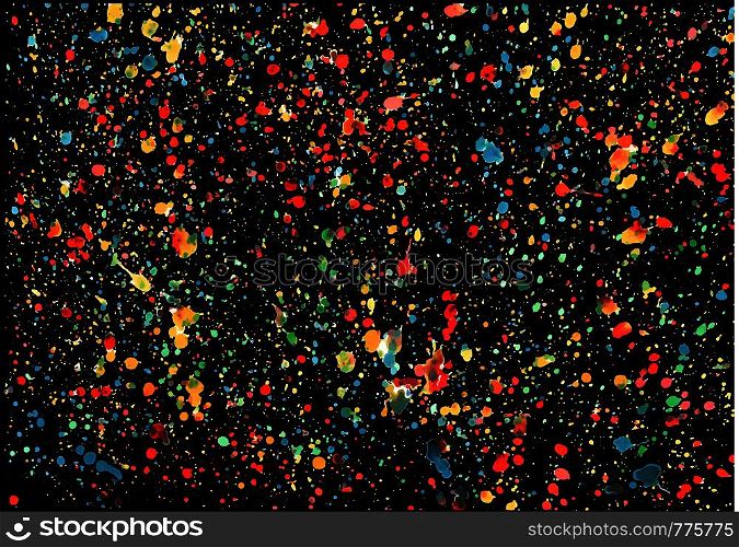 Splashes of multicolored paint on a black background. The ideal solution for fabric, upholstery, Wallpaper, screen saver, for design and decoration.