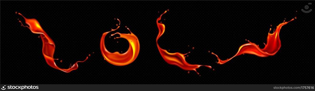 Splashes of red tomato juice, blood or lava. Vector realistic set of flying liquid ketchup, sauce, paint or molten magma waves and swirls with drops isolated on black background. Vector realistic splashes of tomato juice or lava