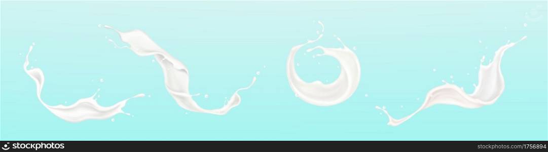 Splashes of vanilla milk or white paint. Vector realistic set of flying liquid cream, yogurt, dairy drink waves and swirls with drops isolated on blue background. Vector splashes of vanilla milk or white paint