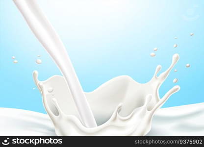 Splashing milk or yogurt in 3d illustration on blue background. Splashing milk or yogurt