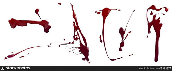 Splatters of blood, red paint or ink isolated on white background. Vector cartoon set of bloody splashes, stains and sprays with drops. Scary dirty spots of liquid drips. Splatters of blood, red paint or ink