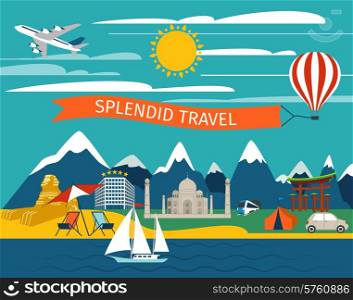 Splendid travel background with journey transport and world landmarks vector illustration. Splendid Travel Background
