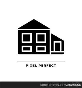 Split-level house black glyph icon. Bi-level home. Detached suburban building. Property buying. Real estate. Silhouette symbol on white space. Solid pictogram. Vector isolated illustration. Split-level house black glyph icon