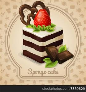 Sponge cake dessert with strawberry label and food cooking icons on background vector illustration