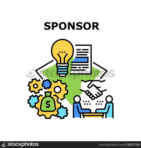 Sponsor Investment Vector Icon Concept. Businessman Discussing With Investor About Startup And Finance, Signing Agreement Success Deal, Sponsor Investment. Business Processing Color Illustration. Sponsor Investment Vector Concept Color Illustration