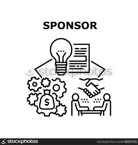 Sponsor Investment Vector Icon Concept. Businessman Discussing With Investor About Startup And Finance, Signing Agreement Success Deal, Sponsor Investment. Business Processing Black Illustration. Sponsor Investment Vector Concept Black Illustration