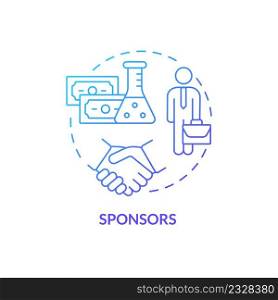 Sponsors blue gradient concept icon. Medicine financial support. Safety of clinical trials guaranty abstract idea thin line illustration. Isolated outline drawing. Myriad Pro-Bold font used. Sponsors blue gradient concept icon