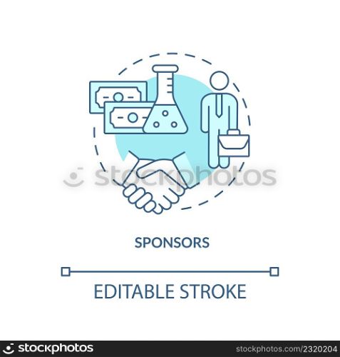 Sponsors turquoise concept icon. Medical finance. Safety of clinical trials guaranty abstract idea thin line illustration. Isolated outline drawing. Editable stroke. Arial, Myriad Pro-Bold fonts used. Sponsors turquoise concept icon