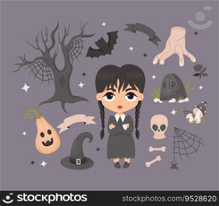 Spooky collection Halloween. Gothic witch girl with braids, pumpkin jack, skull, bones, scary tree, hand thing, witch hat, bat, cobwebs and grave. Isolated cartoon elements. Vector illustration