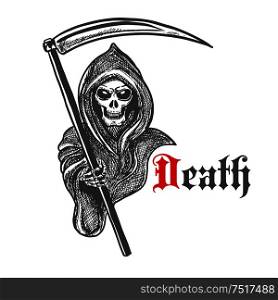 Spooky death skeleton in hooded cape cloak with scythe. Sketched grim reaper character for Halloween decoration or tattoo design. Spooky grim reaper with scythe, sketch style