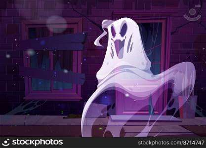 Spooky ghost at haunted house facade with boarded up windows and broken walls. Cartoon Halloween character floating at night street with broken building. Funny yelling spook, Vector illustration. Spooky ghost at haunted house facade, funny spook