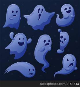 Spooky ghost. Cartoon ghosts, ghostly shadows or spirits. Funny cute transparent phantom, halloween scary flying and peeping recent vector characters. Illustration of spooky ghost, scary and horror. Spooky ghost. Cartoon ghosts, ghostly shadows or spirits. Funny cute transparent phantom, halloween scary flying and peeping recent vector characters