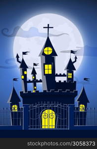 Spooky ghost castle with full moon in background. Happy Halloween night scene card poster