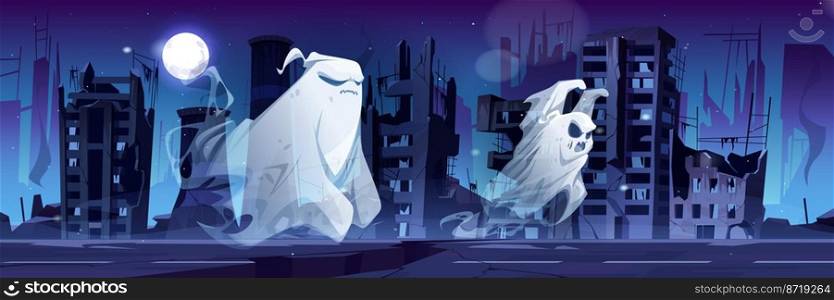Spooky ghosts in destroyed abandoned city at night. Cartoon Halloween characters floating along street with broken buildings under full moon. Funny phantom creatures, spooks, Vector illustration. Spooky ghosts in destroyed abandoned city at night