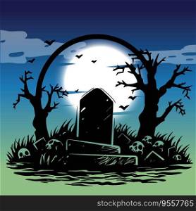 Spooky Graveyard Scene with Full Moon and Bats