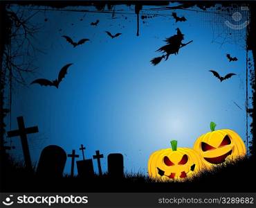 Spooky Halloween background with evil pumpkins and a witch on broomstick