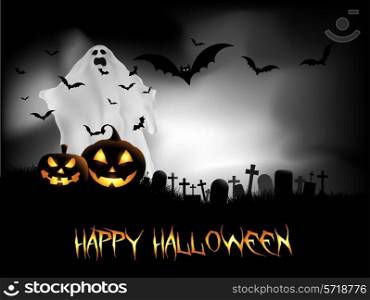Spooky Halloween background with ghost and bats in the graveyard