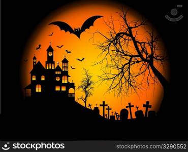 Spooky Halloween background with haunted house on a hill
