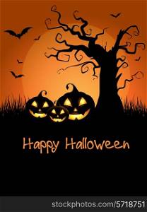 Spooky Halloween background with scary tree and pumpkins