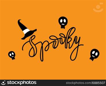 Spooky halloween card. Cute Spiders and Web on orange background with text Spooky. Happy Halloween vector illustration