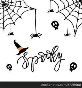 Spooky halloween card. Cute Spiders and Web on orange background with text Spooky. Happy Halloween vector illustration on white background
