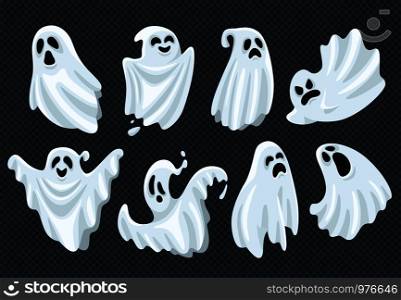 Spooky halloween ghost. Fly phantom spirit with scary face. Ghostly apparition dead ghoul boohoo cute face or whisper in white fabric, haunting humor holiday vector illustration cartoon symbol set. Spooky halloween ghost. Fly phantom spirit with scary face. Ghostly apparition in white fabric vector illustration set