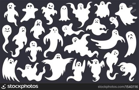 Spooky halloween ghost. Scary ghost characters, fly funny spook, cute smiling scare halloween ghost mascots vector illustration set. Halloween ghost white, spooky cartoon poltergeist. Spooky halloween ghost. Scary ghost characters, fly funny spook, cute smiling scare halloween ghost mascots vector illustration set