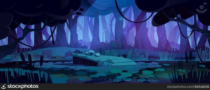 Spooky night forest landscape with sw&. Vector cartoon illustration of dark woodland, lake with water lily leaves and reeds, mushrooms on glade, old trees and bushes, fireflies glowing in moonlight. Spooky night forest landscape with sw&