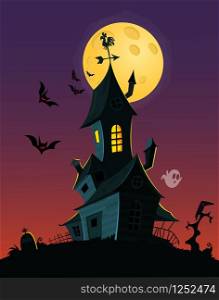 Spooky old ghost house. Halloween card poster. Vector illustration