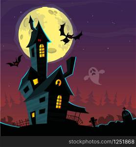 Spooky old ghost house. Halloween cardposter. Vector illustration