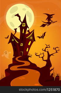 Spooky old ghost house. Halloween cardposter. Vector illustration