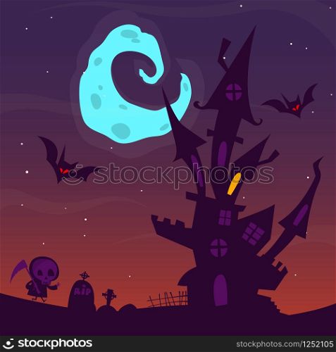 Spooky old ghost house. Halloween cartoon background. Vector illustration