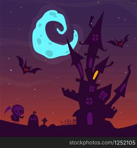 Spooky old ghost house. Halloween cartoon background. Vector illustration