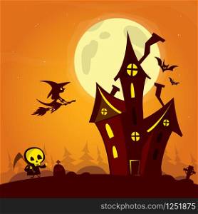 Spooky old ghost house with fool moon and flying witch. Halloween cardposter. Vector illustration