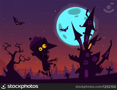 Spooky old haunted house with ghosts. Halloween cartoon background. Vector illustration