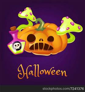 Spooky pumpkin cartoon vector illustration. Halloween lantern with potion and mushroom clipart with lettering. Scary realistic orange carved squash sticker, patch. Autumn holiday social media post