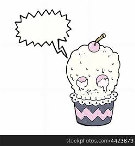 spooky skull cupcake cartoon with speech bubble