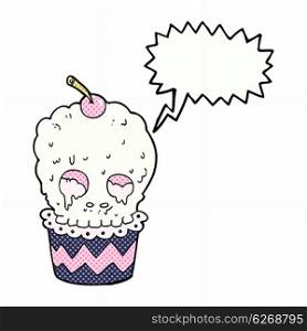 spooky skull cupcake cartoon with speech bubble