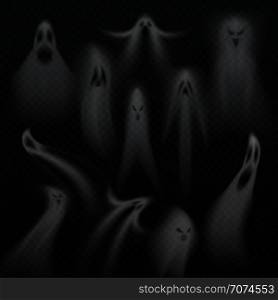 Spooky transparent halloween ghost isolated vector set. Horro evil demon souls. Spooky transparent halloween ghost isolated vector set