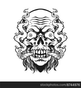 Spooky Zombie Smoking Monochrome vector illustrations for your work logo, merchandise t-shirt, stickers and label designs, poster, greeting cards advertising business company or brands