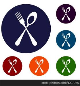 Spoon and fork icons set in flat circle reb, blue and green color for web. Spoon and fork icons set