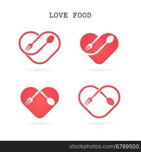 Spoon and fork logo with red heart shape vector design element.Love food logo.Restaurant menu logo.Food and drink concept.Vector illustration
