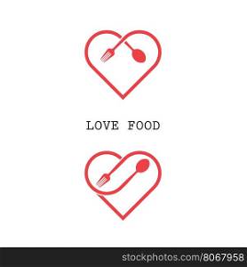Spoon and fork logo with red heart shape vector design element.Love food logo.Restaurant menu logo.Food and drink concept.Vector illustration