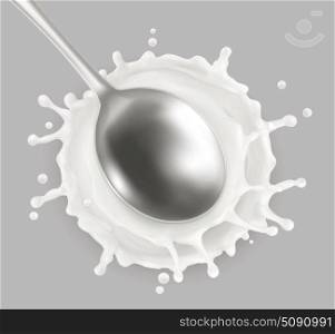 Spoon and milk splash. 3d vector icon
